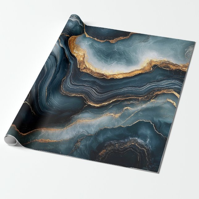 Agate Geode Gold and Navy Blue Marble Wrapping Paper (Unrolled)