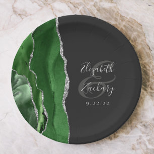 Agate Geode Hunter Green Silver Dark Wedding Paper Plate