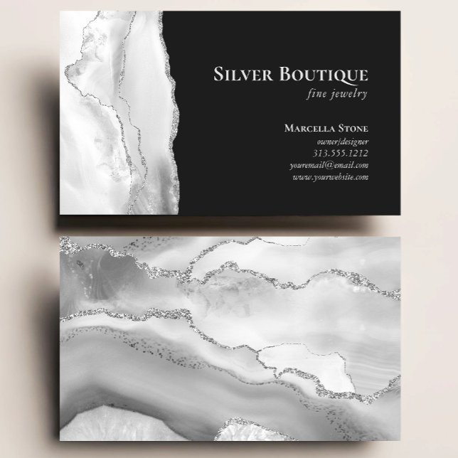 Agate Geode Jewellery Designer Grey White Silver Business Card (Creator Uploaded)