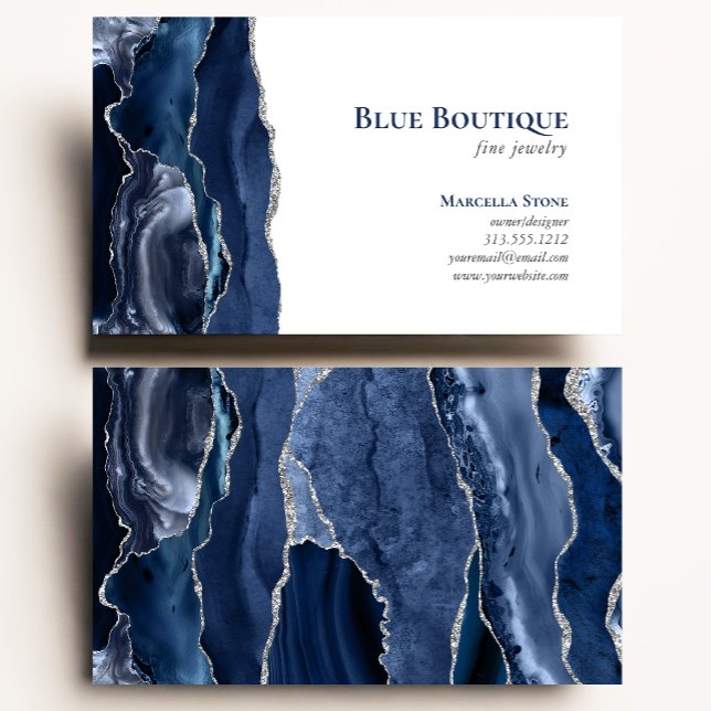 Agate Geode Jewellery Designer Navy Blue Silver Business Card (Creator Uploaded)