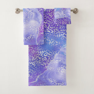 Agate Geode Leopard Print Purple and Silver Bath Towel Set