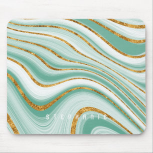 Agate Geode Mint Green Gold Faux Glitter Monogram Mouse Mat