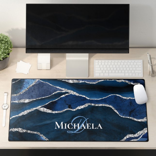 Agate Geode Navy Blue Silver Glitter Monogram Desk Mat (Creator Uploaded)