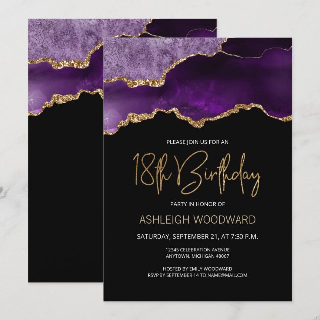 Agate Geode Purple Gold 18th Birthday Party Invitation (Front/Back)