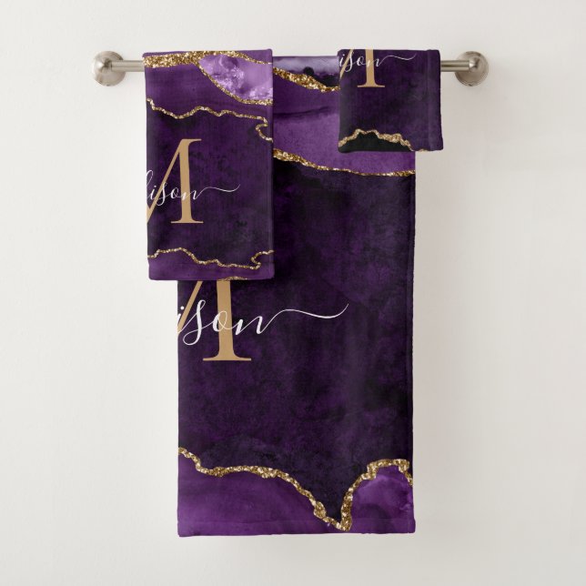 Agate Geode Purple Violet Gold Monogram Script Bath Towel Set (Insitu)