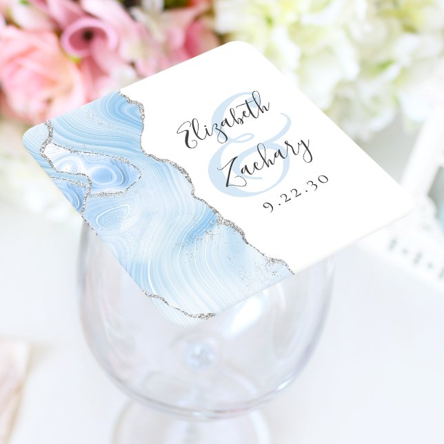 Agate Geode Script Baby Blue Silver Wedding Square Paper Coaster (Creator Uploaded)