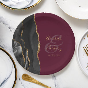 Agate Geode Script Black Gold Burgundy Paper Plate