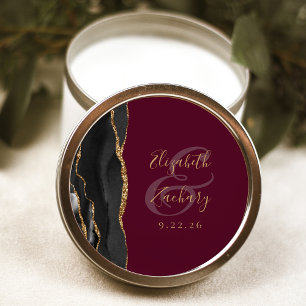 Agate Geode Script Black Gold Burgundy Wedding Classic Round Sticker