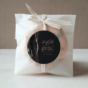 Agate Geode Script Black Rose Gold Dark Wedding Classic Round Sticker