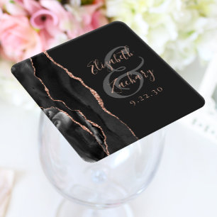 Agate Geode Script Black Rose Gold Dark Wedding Square Paper Coaster