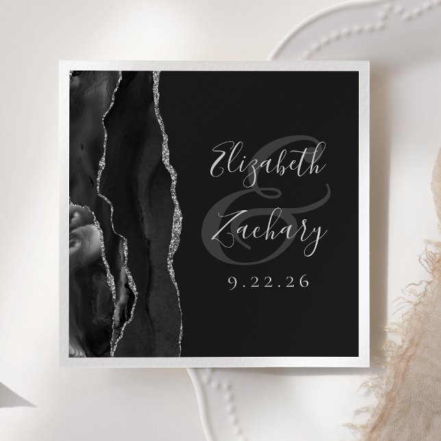 Agate Geode Script Black Silver Dark Wedding Napkin (Creator Uploaded)
