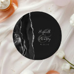 Agate Geode Script Black Silver Dark Wedding Paper Plate<br><div class="desc">These elegant modern wedding plates feature a black watercolor design trimmed with faux silver glitter. Easily customise the silvr grey text on a slate black background,  with the names of the bride and groom in handwriting calligraphy over a large,  pale grey ampersand.</div>