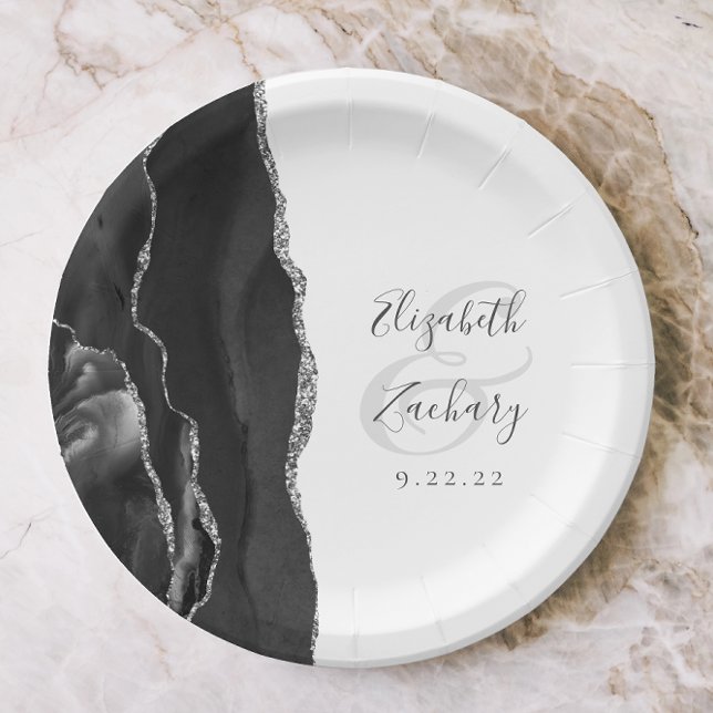 Agate Geode Script Black Silver Wedding Paper Plate (Creator Uploaded)