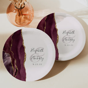 Agate Geode Script Burgundy Gold Blush Paper Plate