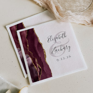 Agate Geode Script Burgundy Gold Blush Wedding Napkin