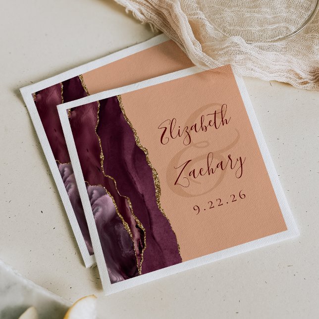 Agate Geode Script Burgundy Gold Peach Wedding Napkin (Creator Uploaded)