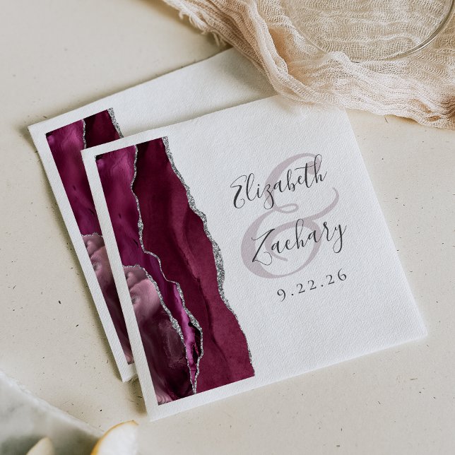Agate Geode Script Burgundy Silver Wedding Napkin (Creator Uploaded)