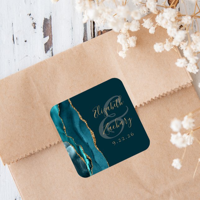 Agate Geode Script Dark Teal Blue Gold Wedding Square Sticker (Creator Uploaded)