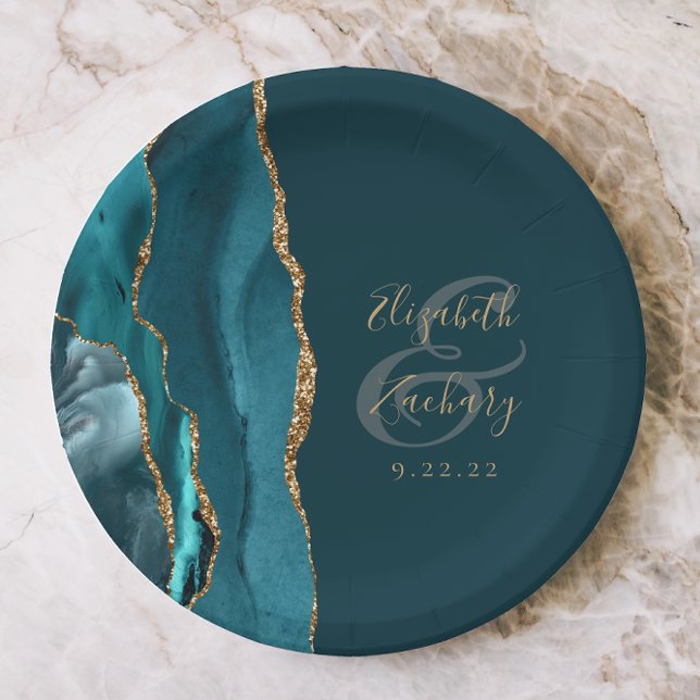 Agate Geode Script Dark Teal Gold Wedding Paper Plate (Creator Uploaded)