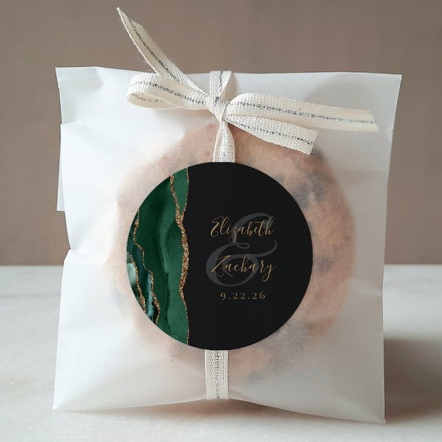 Agate Geode Script Emerald Green Gold Dark Wedding Classic Round Sticker (Creator Uploaded)