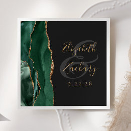 Agate Geode Script Emerald Green Gold Dark Wedding Napkin