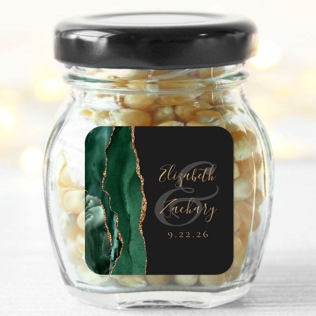 Agate Geode Script Emerald Green Gold Dark Wedding Square Sticker (Creator Uploaded)