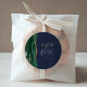 Agate Geode Script Emerald Green Gold Navy Wedding Classic Round Sticker