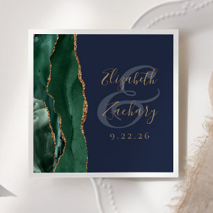 Agate Geode Script Emerald Green Gold Navy Wedding Napkin