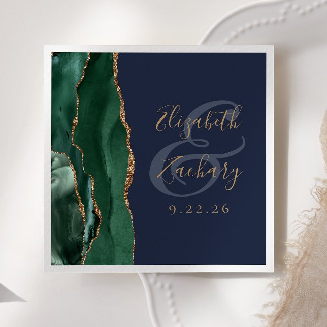 Agate Geode Script Emerald Green Gold Navy Wedding Napkin (Creator Uploaded)