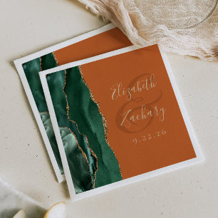 Agate Geode Script Emerald Green Gold Rust Wedding Napkin