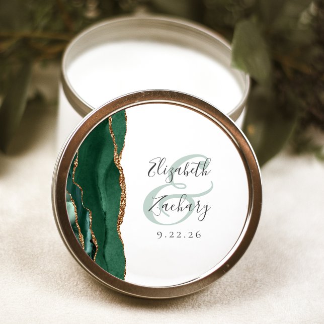 Agate Geode Script Emerald Green Gold Wedding Classic Round Sticker (Creator Uploaded)
