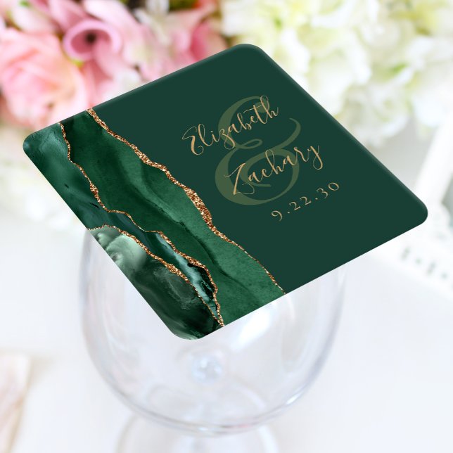 Agate Geode Script Emerald Green Gold Wedding Square Paper Coaster (Creator Uploaded)