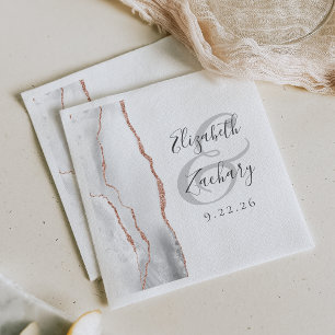 Agate Geode Script Gray White Rose Gold Wedding Napkin