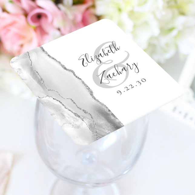Agate Geode Script Grey White Silver Wedding Square Paper Coaster (Creator Uploaded)