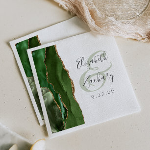 Agate Geode Script Hunter Green Gold Wedding Napkin