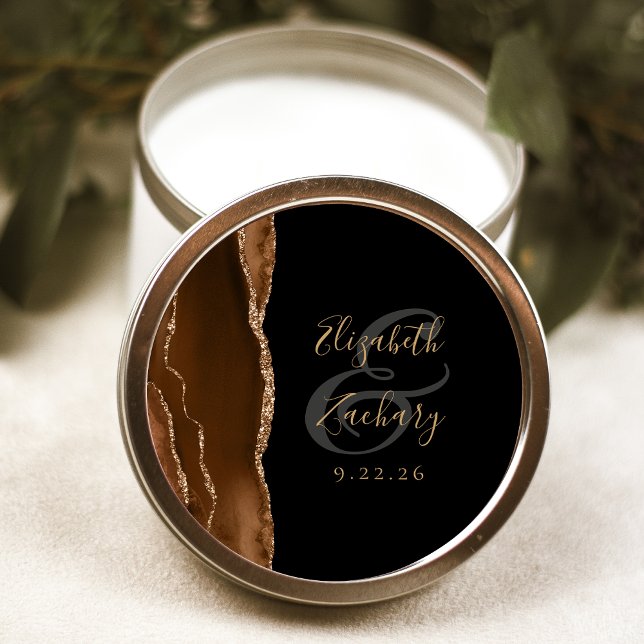 Agate Geode Script Mocha Brown Gold Black Wedding Classic Round Sticker (Creator Uploaded)