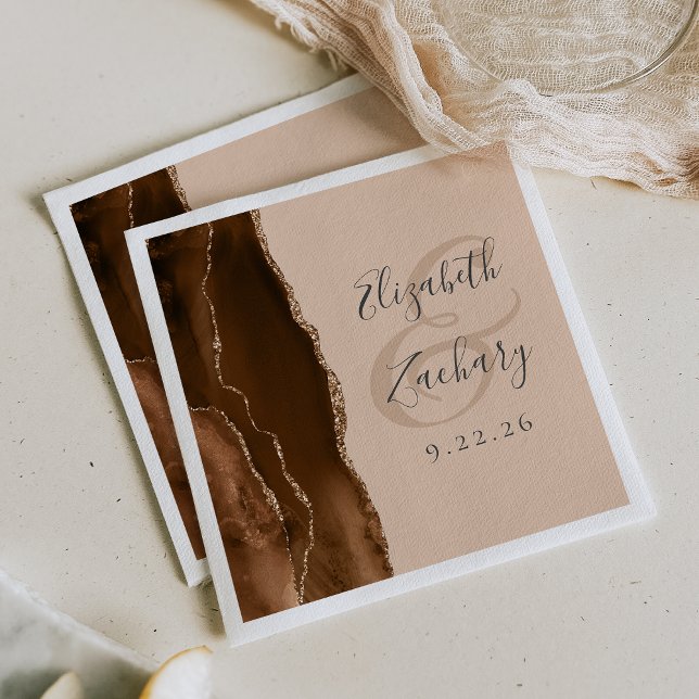Agate Geode Script Mocha Brown Gold Tan Wedding Napkin (Creator Uploaded)