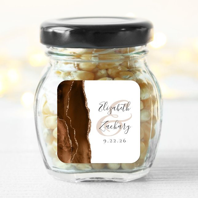 Agate Geode Script Mocha Brown Gold Wedding Square Sticker (Creator Uploaded)