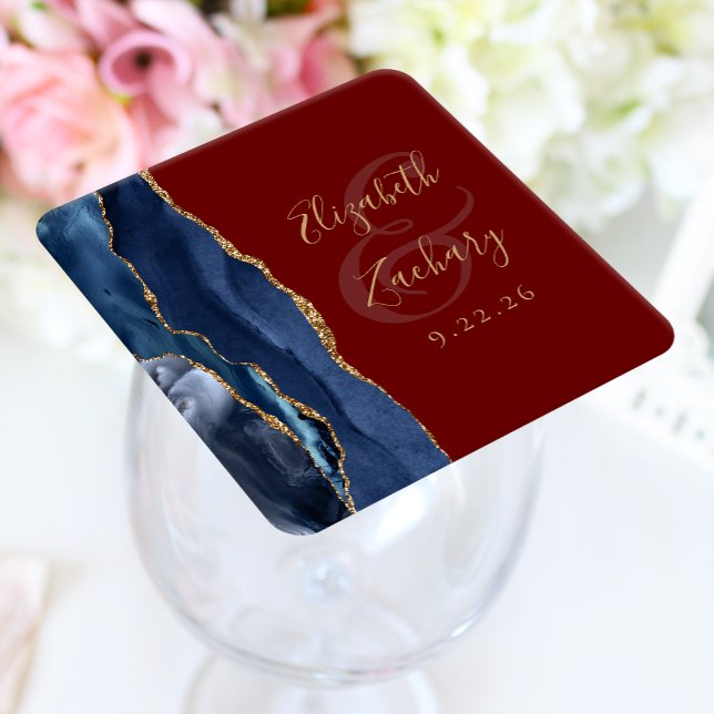 Agate Geode Script Navy Blue Gold Burgundy Wedding Square Paper Coaster (Creator Uploaded)