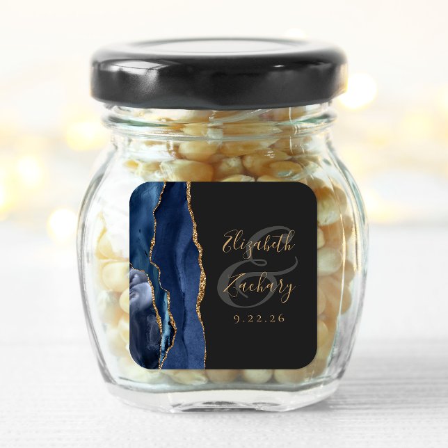 Agate Geode Script Navy Blue Gold Dark Wedding Square Sticker (Creator Uploaded)