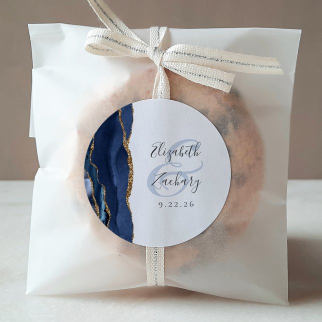 Agate Geode Script Navy Blue Gold Wedding Classic Round Sticker (Creator Uploaded)