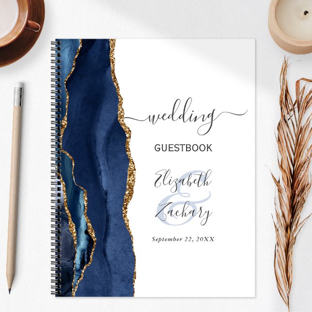 Agate Geode Script Navy Blue Gold Wedding Guest Notebook (Creator Uploaded)