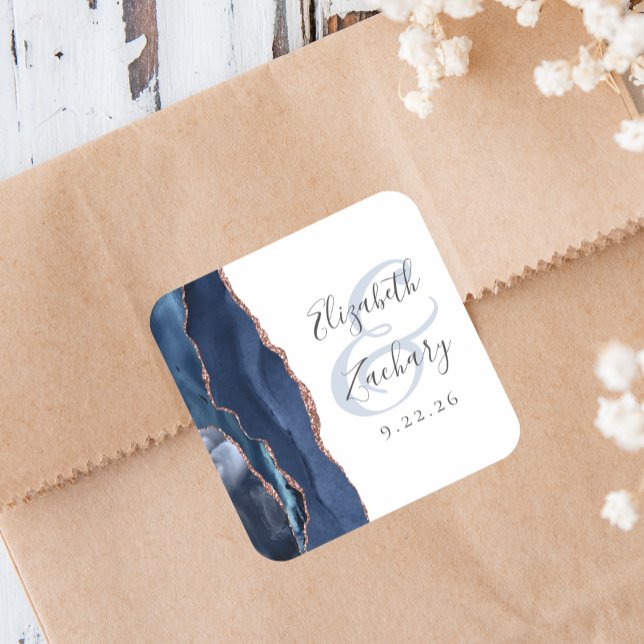 Agate Geode Script Navy Blue Rose Gold Wedding Square Sticker (Creator Uploaded)