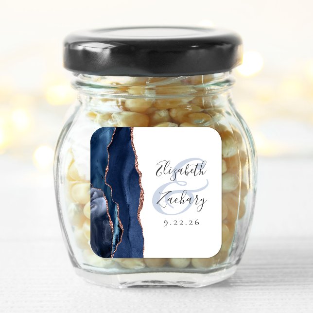 Agate Geode Script Navy Blue Rose Gold Wedding Square Sticker (Creator Uploaded)