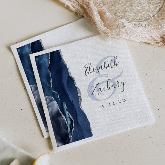 Agate Geode Script Navy Blue Silver Wedding Napkin (Creator Uploaded)