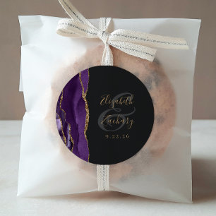 Agate Geode Script Purple Gold Dark Wedding Classic Round Sticker