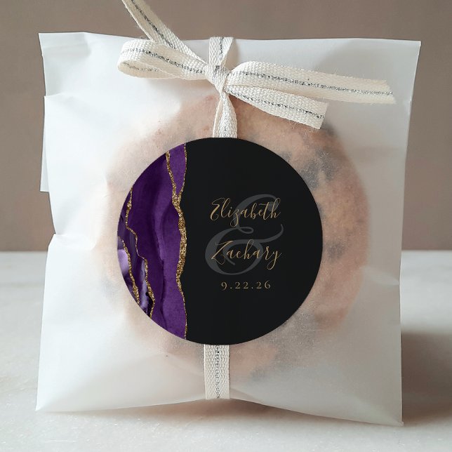 Agate Geode Script Purple Gold Dark Wedding Classic Round Sticker (Creator Uploaded)