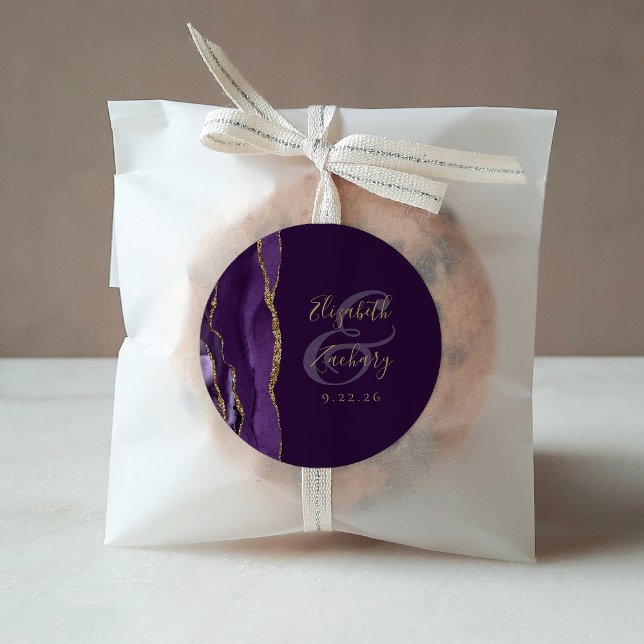 Agate Geode Script Purple Gold Plum Wedding Classic Round Sticker (Creator Uploaded)