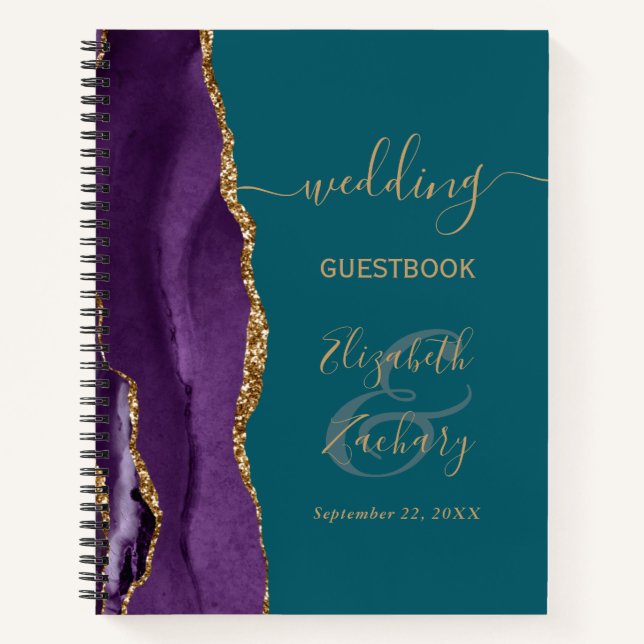 Agate Geode Script Purple Gold Teal Wedding Guest Notebook (Front)