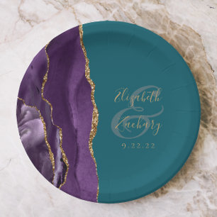 Agate Geode Script Purple Gold Teal Wedding Paper Plate